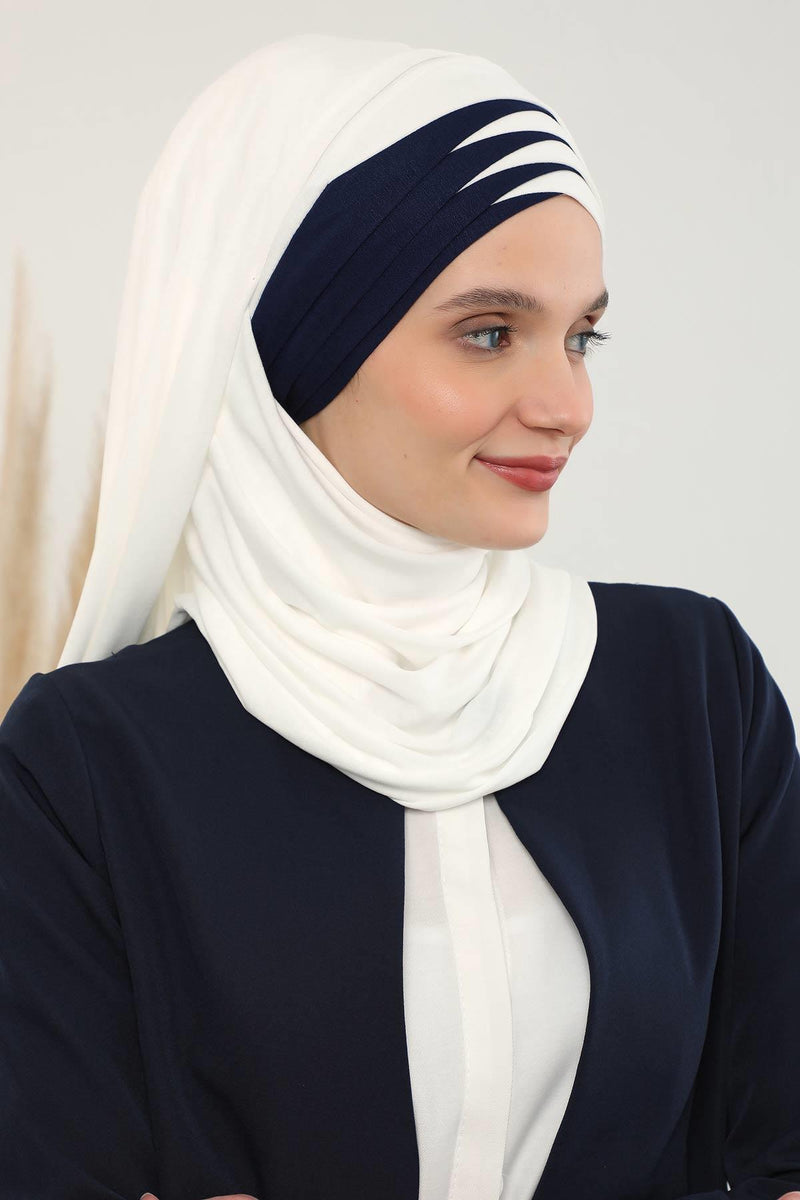 Two Colors Elegant Jersey Shawl for Women %95 Cotton Wrap Modesty Turban Cap Scarf,CPS-49 Ivory - Navy Blue