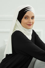 Two Colors Elegant Jersey Shawl for Women %95 Cotton Wrap Modesty Turban Cap Scarf,CPS-49 Ivory - Black