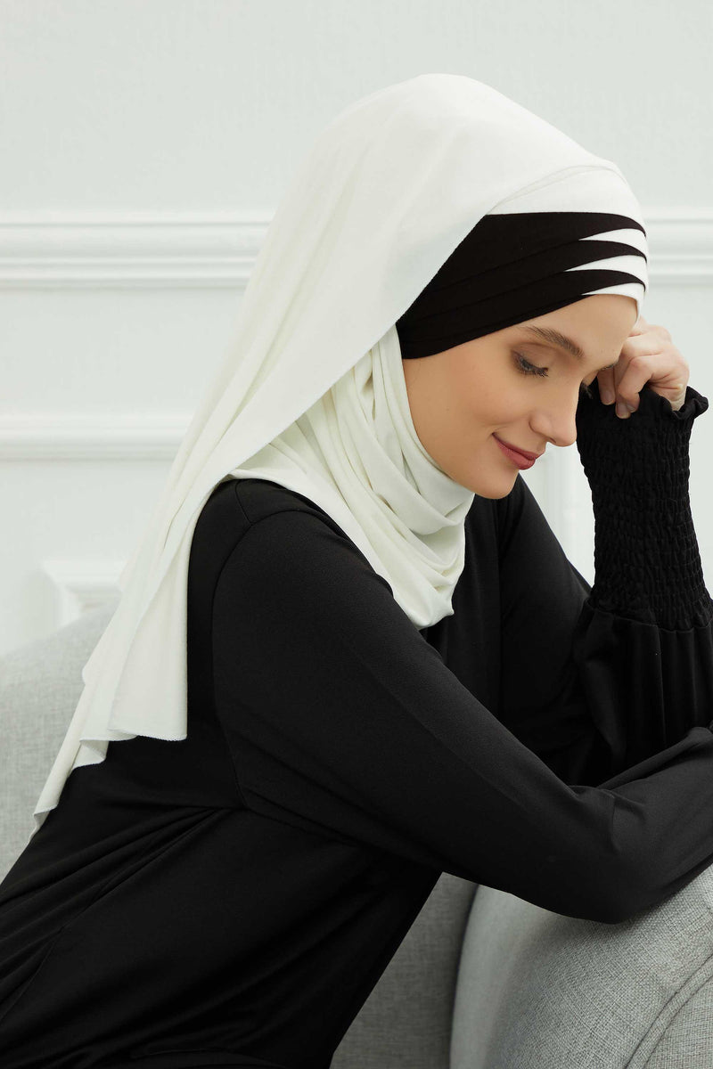 Two Colors Elegant Jersey Shawl for Women %95 Cotton Wrap Modesty Turban Cap Scarf,CPS-49 Ivory - Black