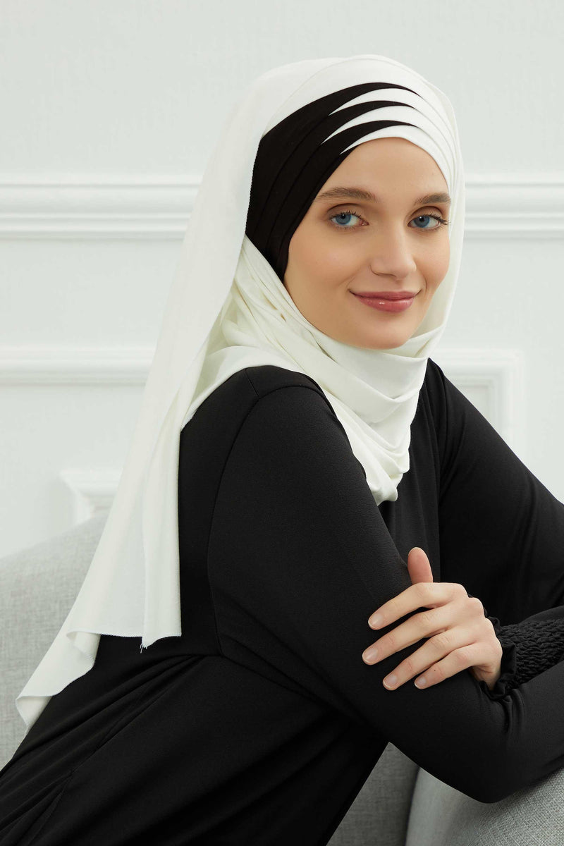 Two Colors Elegant Jersey Shawl for Women %95 Cotton Wrap Modesty Turban Cap Scarf,CPS-49 Ivory - Black