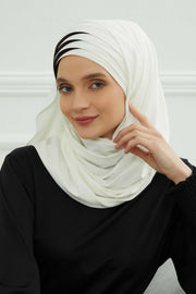 Two Colors Elegant Jersey Shawl for Women %95 Cotton Wrap Modesty Turban Cap Scarf,CPS-49 Ivory - Black