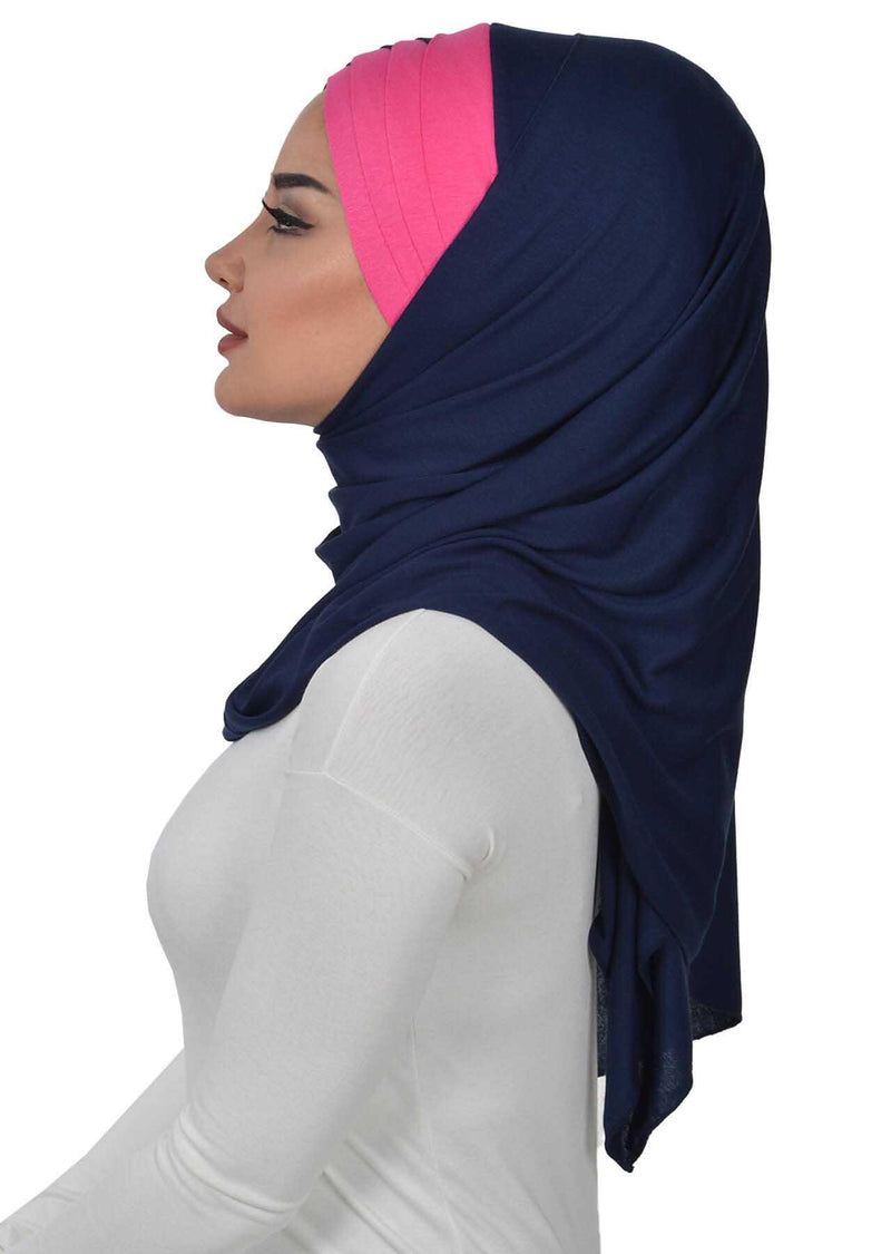 Two Colors Elegant Jersey Shawl for Women %95 Cotton Wrap Modesty Turban Cap Scarf,CPS-49 Navy Blue - Fuchsia