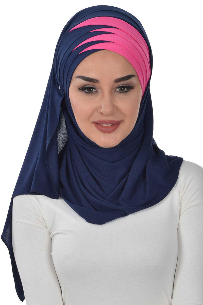 Two Colors Elegant Jersey Shawl for Women %95 Cotton Wrap Modesty Turban Cap Scarf,CPS-49 Navy Blue - Fuchsia