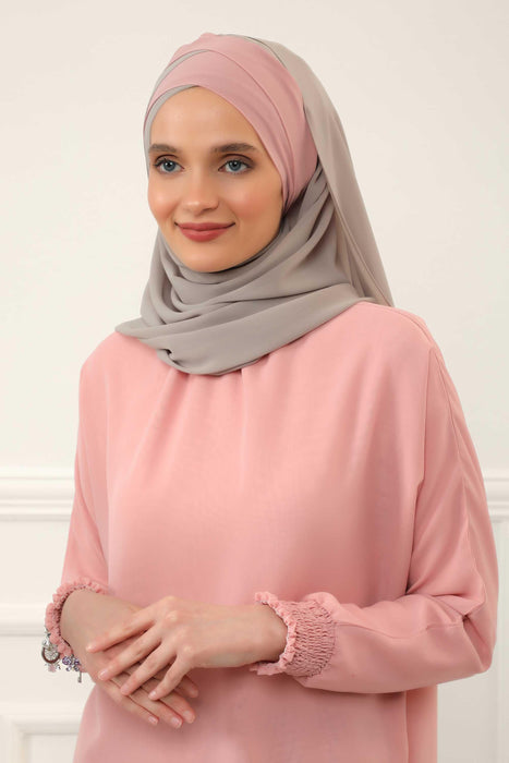Two Colors Instant Shawl Scarf Chiffon Turban Head Wrap for Women,CPS-84 Powder - Mink