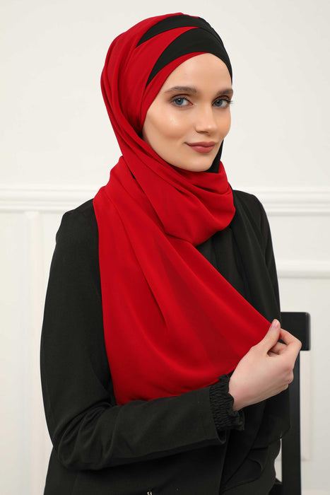 Two Colors Instant Shawl Scarf Chiffon Turban Head Wrap for Women,CPS-84 Black - Red