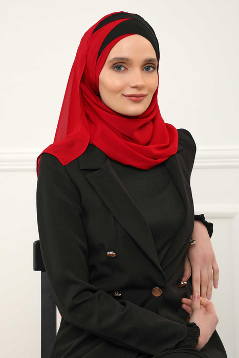 Two Colors Instant Shawl Scarf Chiffon Turban Head Wrap for Women,CPS-84 Black - Red