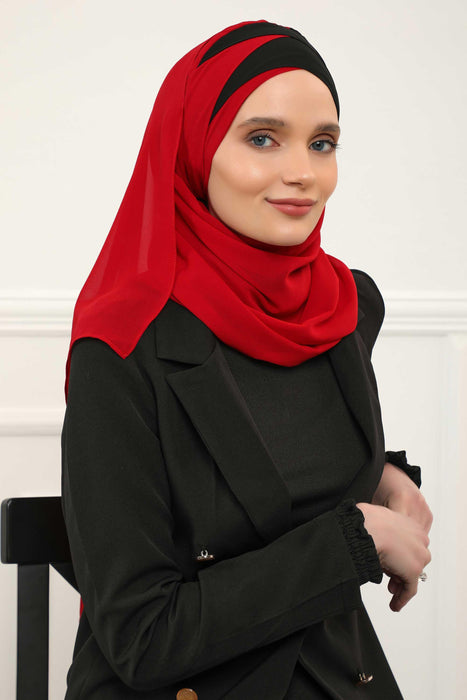 Two Colors Instant Shawl Scarf Chiffon Turban Head Wrap for Women,CPS-84 Black - Red