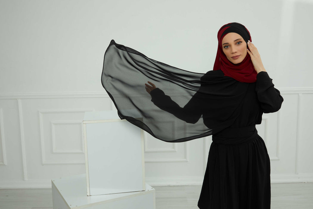 Two Colors Instant Shawl Scarf Chiffon Turban Head Wrap for Women,CPS-84 Black - Maroon