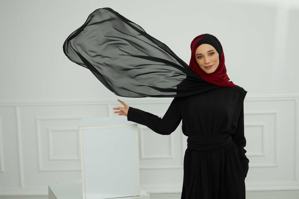 Two Colors Instant Shawl Scarf Chiffon Turban Head Wrap for Women,CPS-84 Black - Maroon