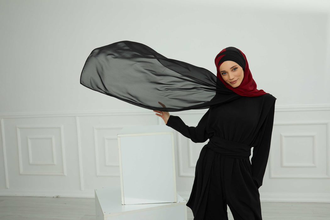Two Colors Instant Shawl Scarf Chiffon Turban Head Wrap for Women,CPS-84 Black - Maroon