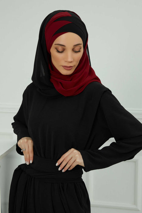 Two Colors Instant Shawl Scarf Chiffon Turban Head Wrap for Women,CPS-84 Black - Maroon