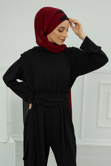 Two Colors Instant Shawl Scarf Chiffon Turban Head Wrap for Women,CPS-84 Black - Maroon