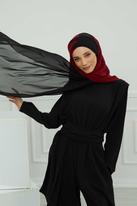 Two Colors Instant Shawl Scarf Chiffon Turban Head Wrap for Women,CPS-84 Black - Maroon