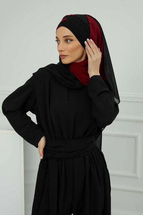 Two Colors Instant Shawl Scarf Chiffon Turban Head Wrap for Women,CPS-84 Black - Maroon