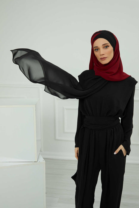 Two Colors Instant Shawl Scarf Chiffon Turban Head Wrap for Women,CPS-84 Black - Maroon