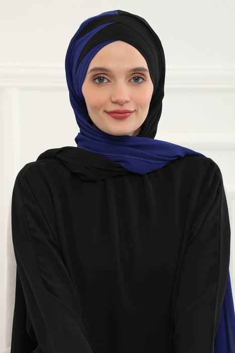 Two Colors Instant Shawl Scarf Chiffon Turban Head Wrap for Women,CPS-84 Sax Blue - Black