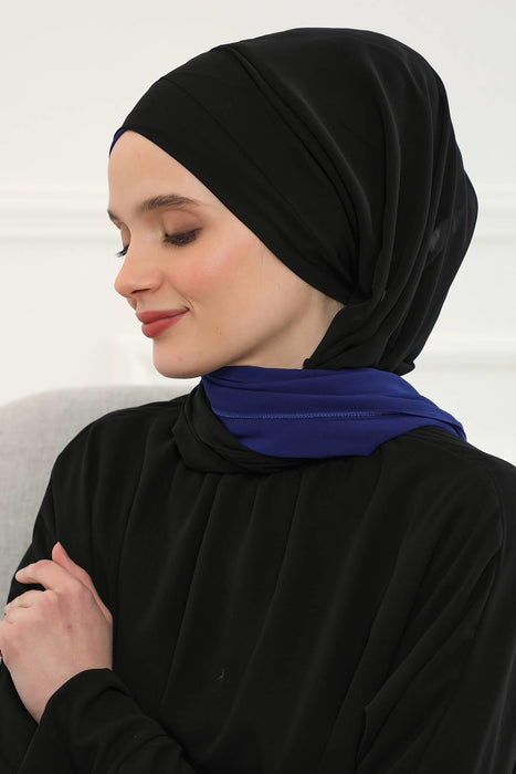 Two Colors Instant Shawl Scarf Chiffon Turban Head Wrap for Women,CPS-84 Sax Blue - Black