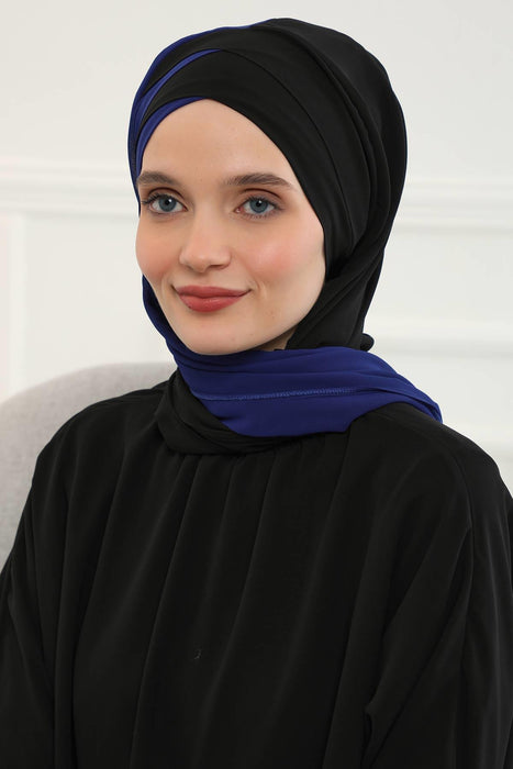 Two Colors Instant Shawl Scarf Chiffon Turban Head Wrap for Women,CPS-84 Sax Blue - Black