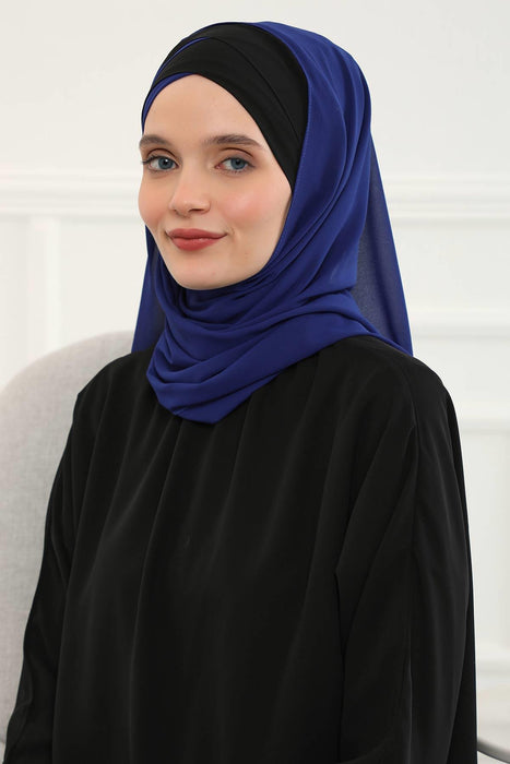 Two Colors Instant Shawl Scarf Chiffon Turban Head Wrap for Women,CPS-84 Sax Blue - Black