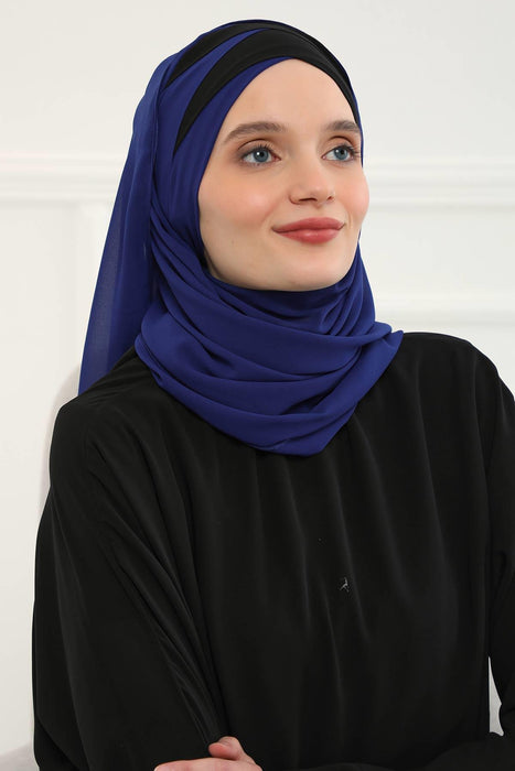 Two Colors Instant Shawl Scarf Chiffon Turban Head Wrap for Women,CPS-84 Sax Blue - Black