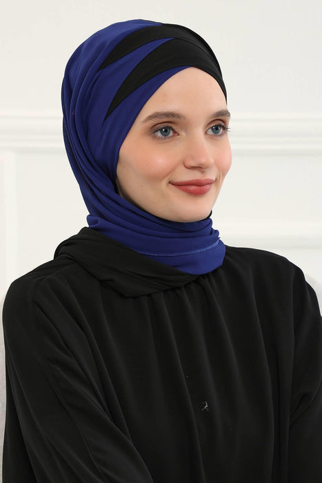 Two Colors Instant Shawl Scarf Chiffon Turban Head Wrap for Women,CPS-84 Sax Blue - Black