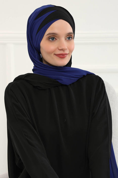 Two Colors Instant Shawl Scarf Chiffon Turban Head Wrap for Women,CPS-84 Sax Blue - Black