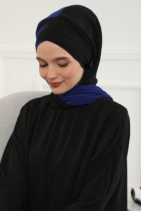 Two Colors Instant Shawl Scarf Chiffon Turban Head Wrap for Women,CPS-84 Sax Blue - Black