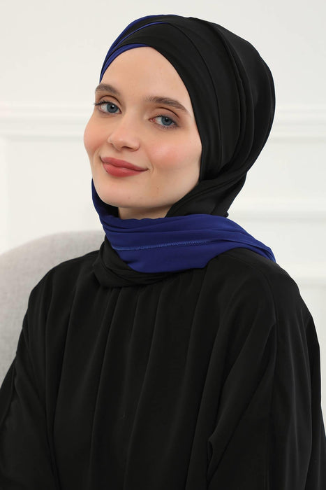 Two Colors Instant Shawl Scarf Chiffon Turban Head Wrap for Women,CPS-84 Sax Blue - Black