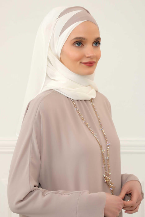 Two Colors Instant Shawl Scarf Chiffon Turban Head Wrap for Women,CPS-84 Ivory - Mink