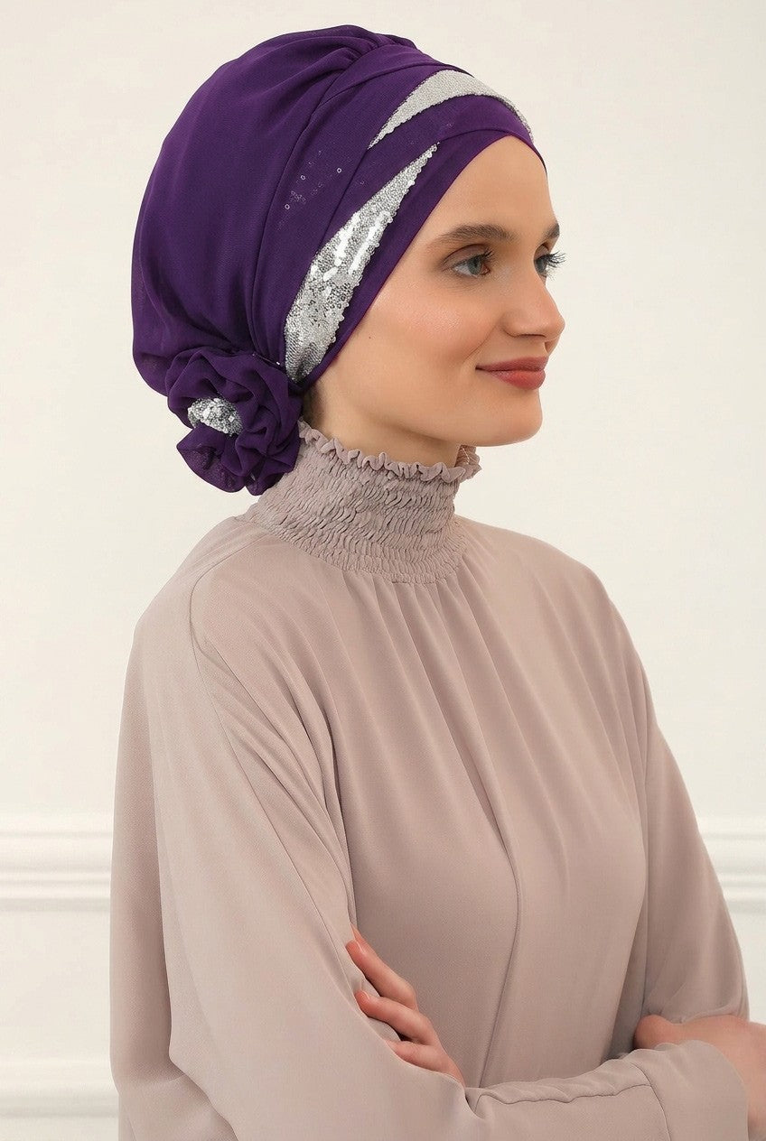 Two Colors Instant Turban Lightweight Chiffon and Sequined Scarf Head Turbans For Women Headwear Stylish Elegant Design,HT-47P
