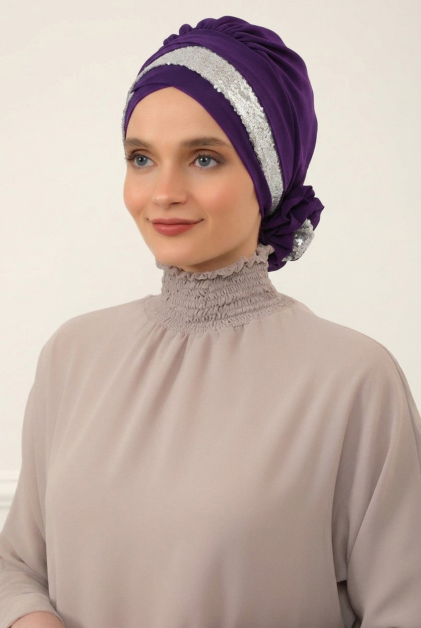 Two Colors Instant Turban Lightweight Chiffon and Sequined Scarf Head Turbans For Women Headwear Stylish Elegant Design,HT-47P