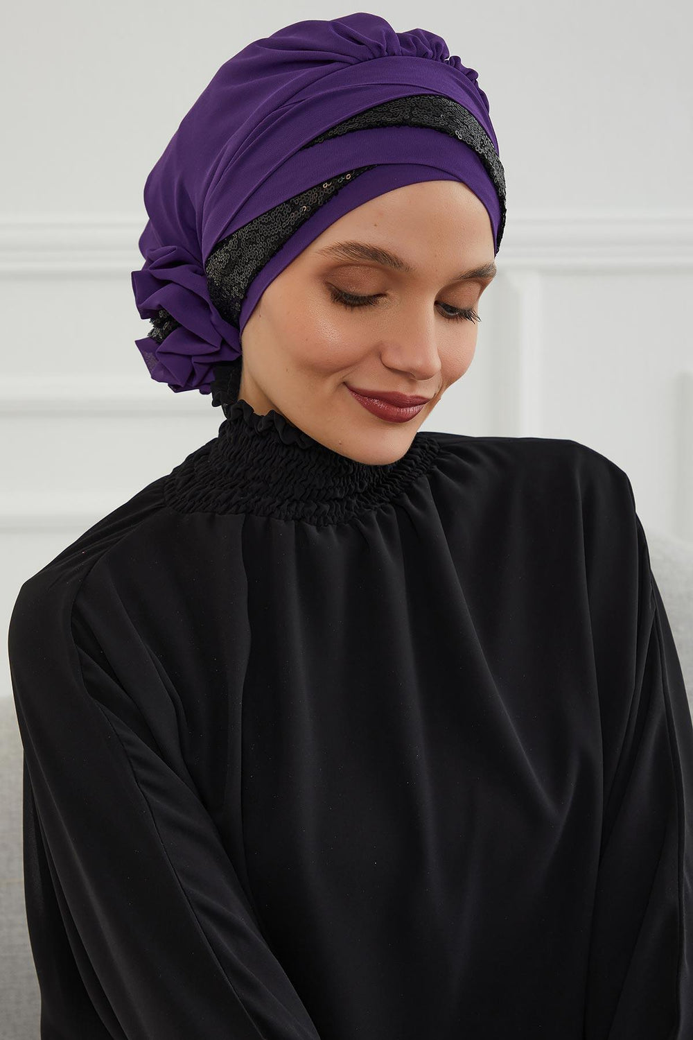 Two Colors Instant Turban Lightweight Chiffon and Sequined Scarf Head Turbans For Women Headwear Stylish Elegant Design,HT-47P Purple - Black