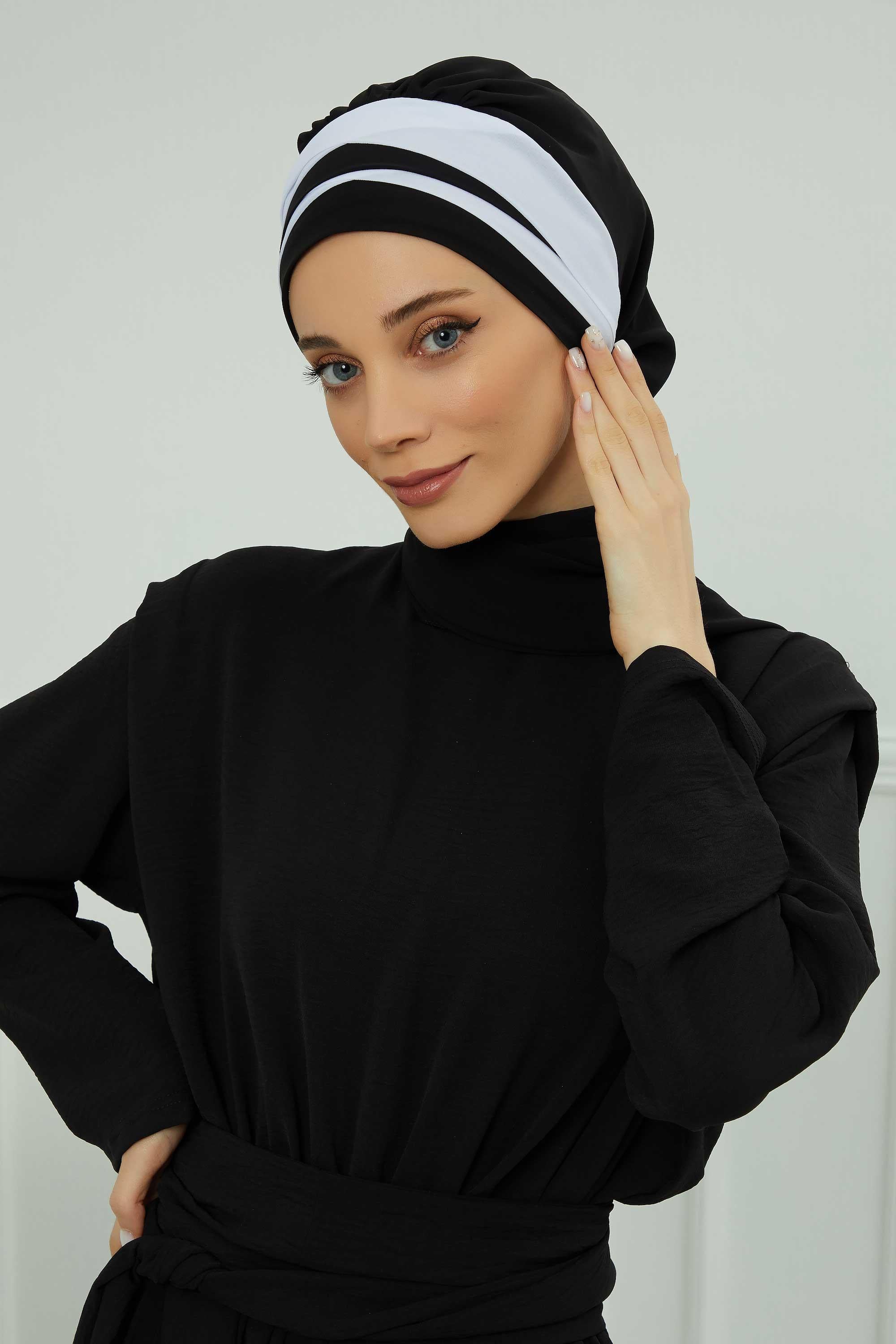 Two Colors Instant Turban Lightweight Multicolor Chiffon Scarf Head Turbans For Women Headwear Stylish Elegant Design,HT-52 Black - White