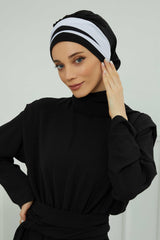 Two Colors Instant Turban Lightweight Multicolor Chiffon Scarf Head Turbans For Women Headwear Stylish Elegant Design,HT-52 Black - White