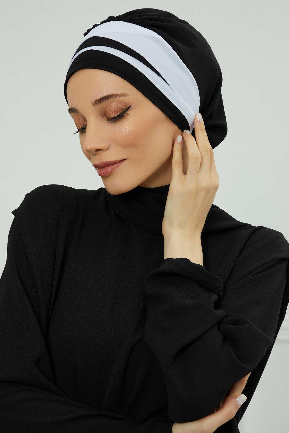 Two Colors Instant Turban Lightweight Multicolor Chiffon Scarf Head Turbans For Women Headwear Stylish Elegant Design,HT-52 Black - White