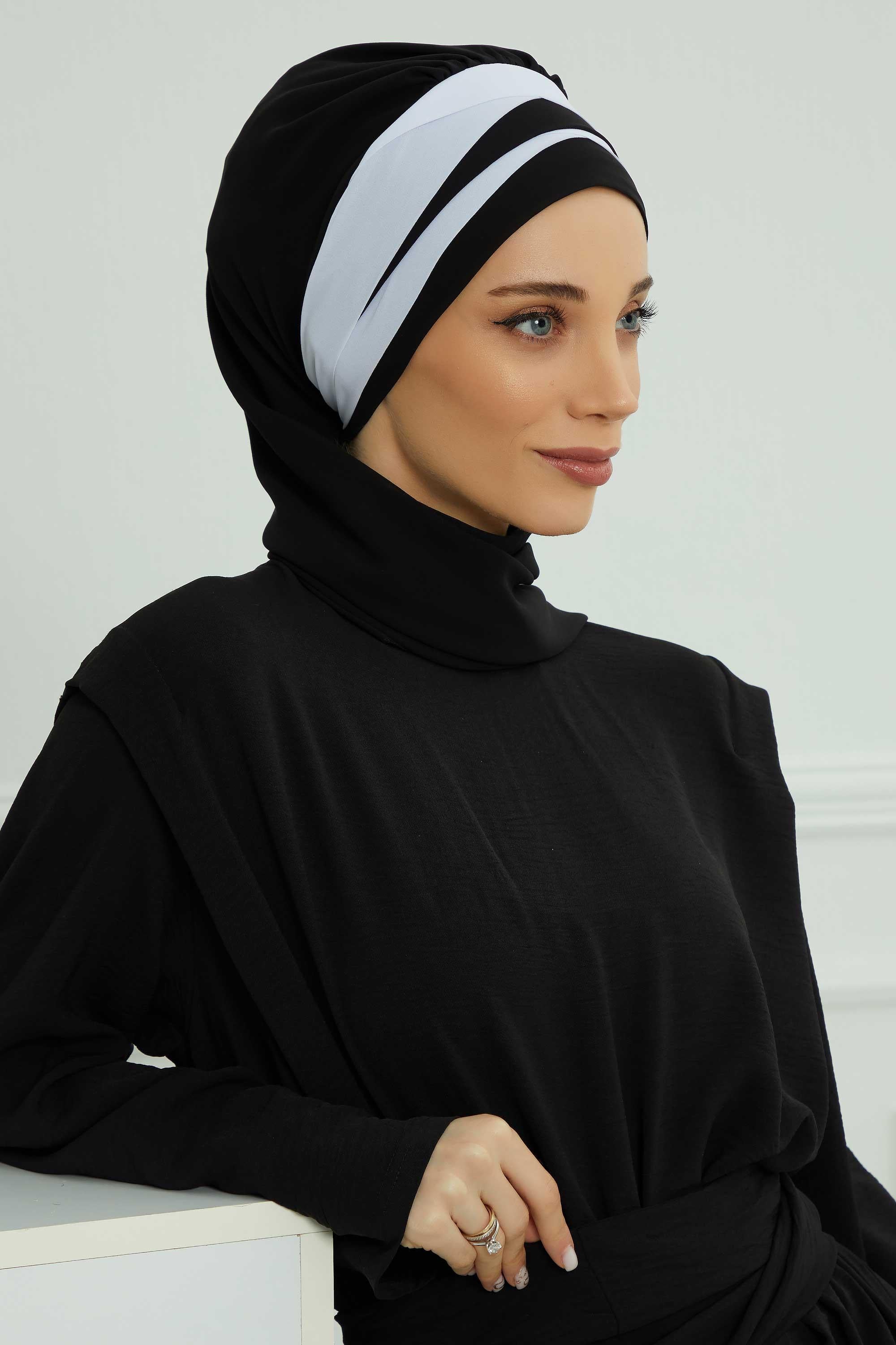 Two Colors Instant Turban Lightweight Multicolor Chiffon Scarf Head Turbans For Women Headwear Stylish Elegant Design,HT-52 Black - White