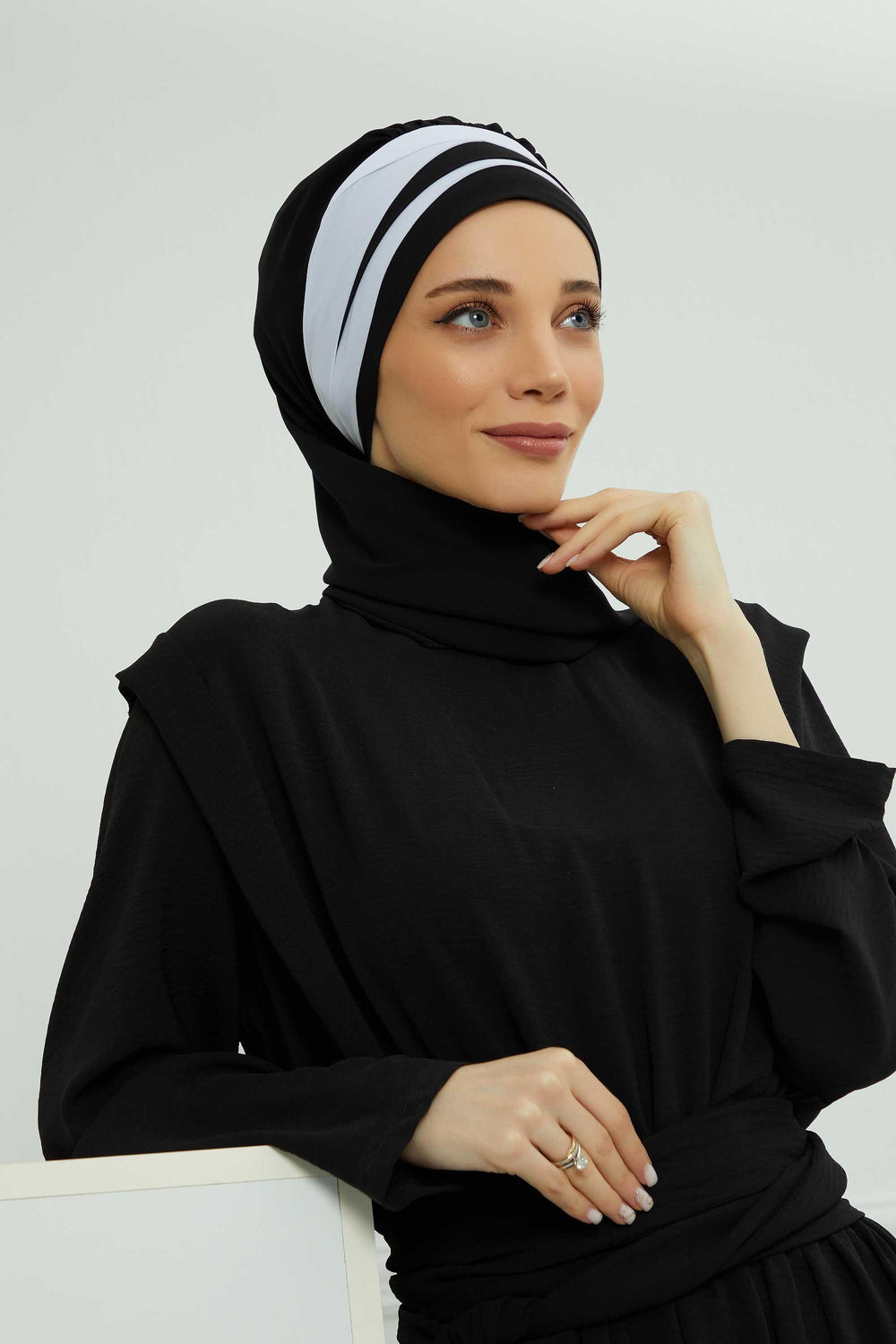 Two Colors Instant Turban Lightweight Multicolor Chiffon Scarf Head Turbans For Women Headwear Stylish Elegant Design,HT-52 Black - White