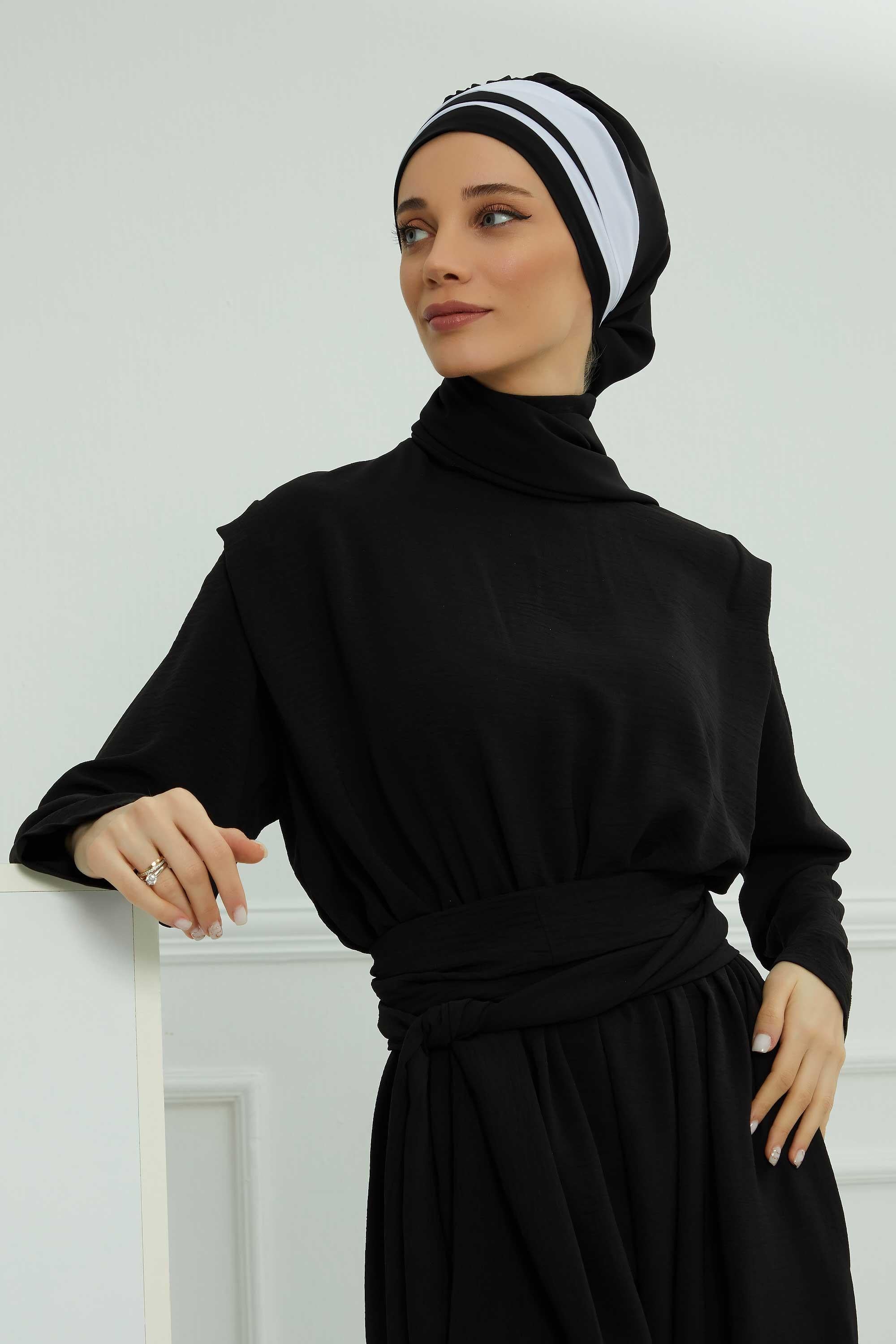 Two Colors Instant Turban Lightweight Multicolor Chiffon Scarf Head Turbans For Women Headwear Stylish Elegant Design,HT-52 Black - White