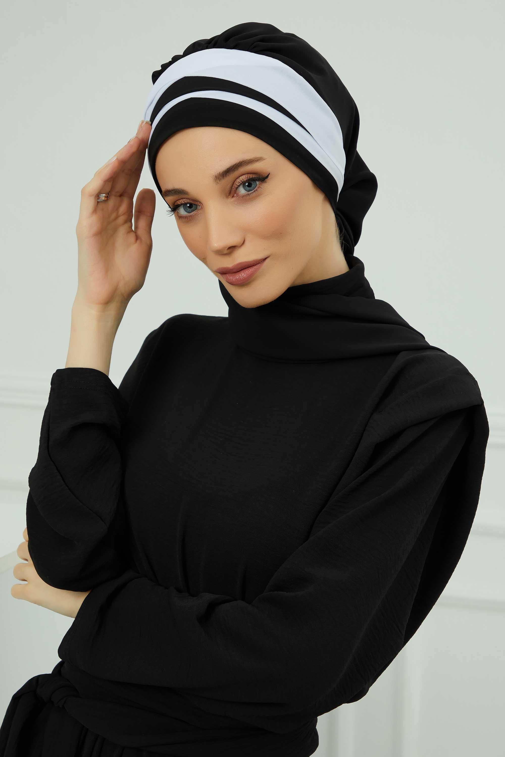 Two Colors Instant Turban Lightweight Multicolor Chiffon Scarf Head Turbans For Women Headwear Stylish Elegant Design,HT-52 Black - White
