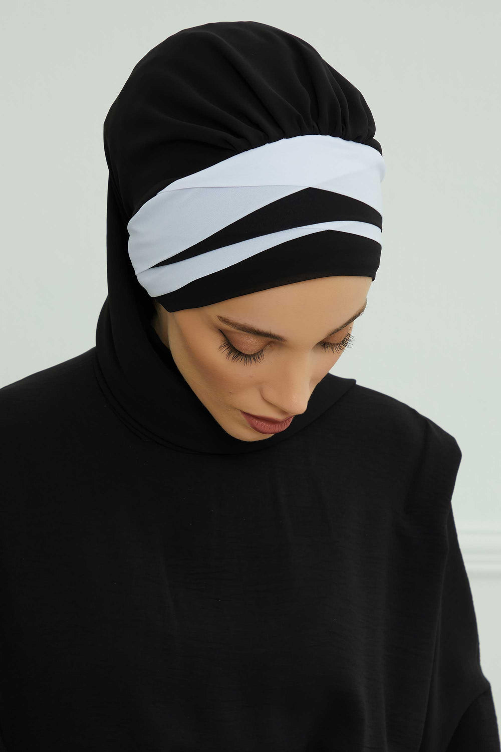 Two Colors Instant Turban Lightweight Multicolor Chiffon Scarf Head Turbans For Women Headwear Stylish Elegant Design,HT-52 Black - White