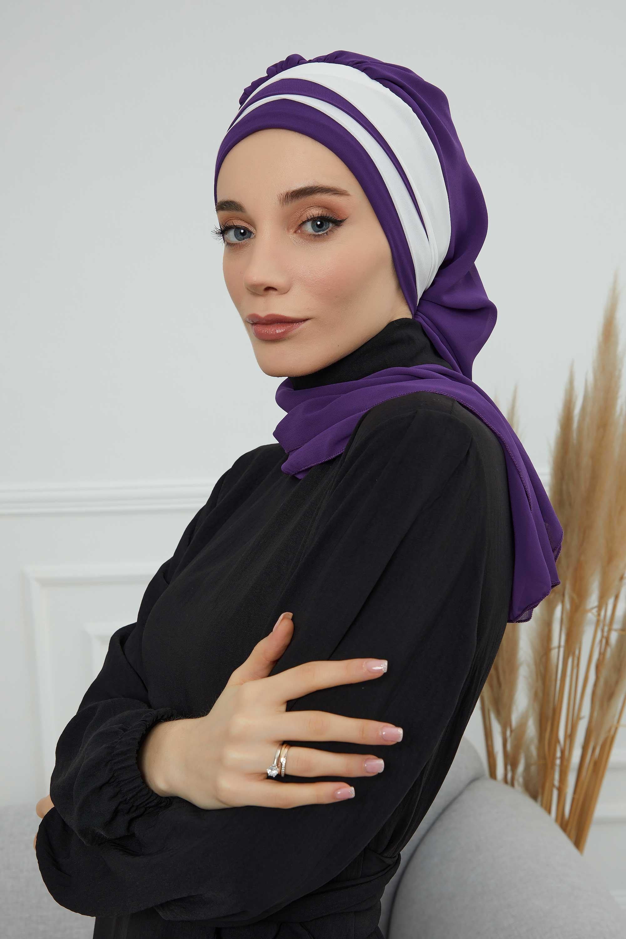 Two Colors Instant Turban Lightweight Multicolor Chiffon Scarf Head Turbans For Women Headwear Stylish Elegant Design,HT-52 Purple - Ivory