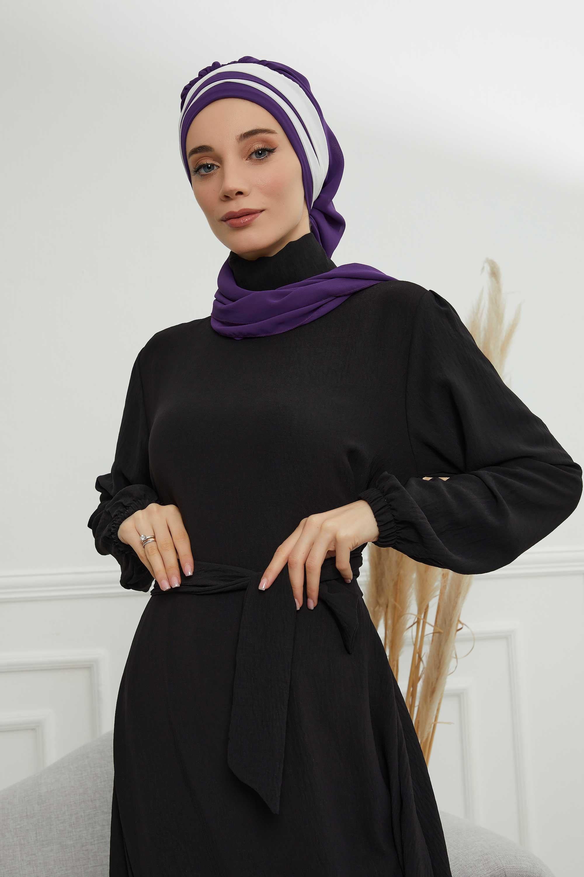 Two Colors Instant Turban Lightweight Multicolor Chiffon Scarf Head Turbans For Women Headwear Stylish Elegant Design,HT-52 Purple - Ivory