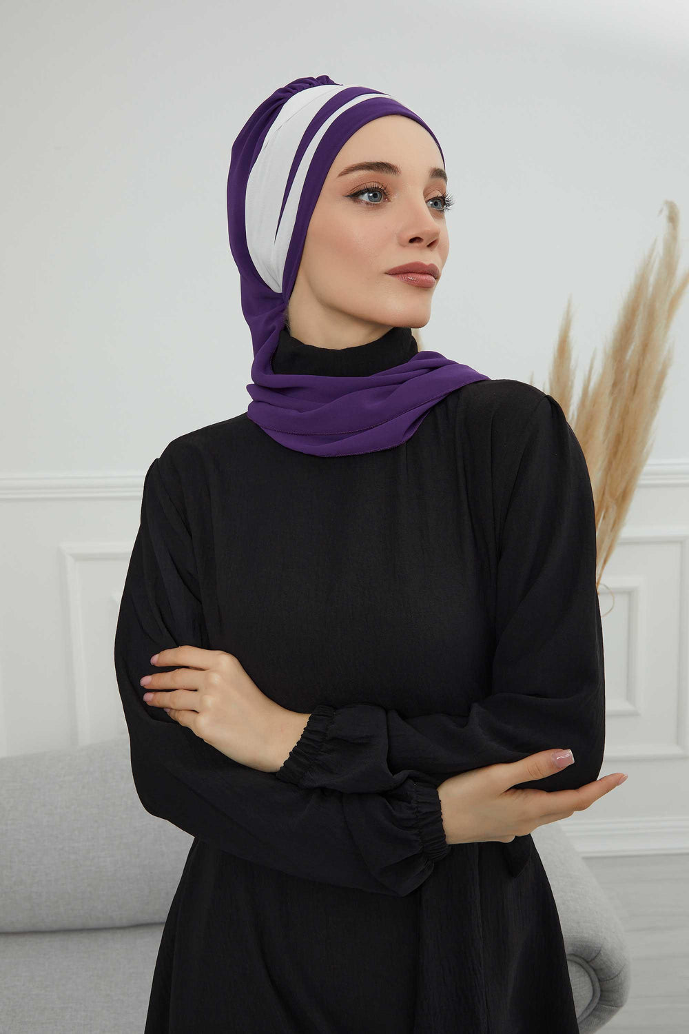 Two Colors Instant Turban Lightweight Multicolor Chiffon Scarf Head Turbans For Women Headwear Stylish Elegant Design,HT-52 Purple - Ivory