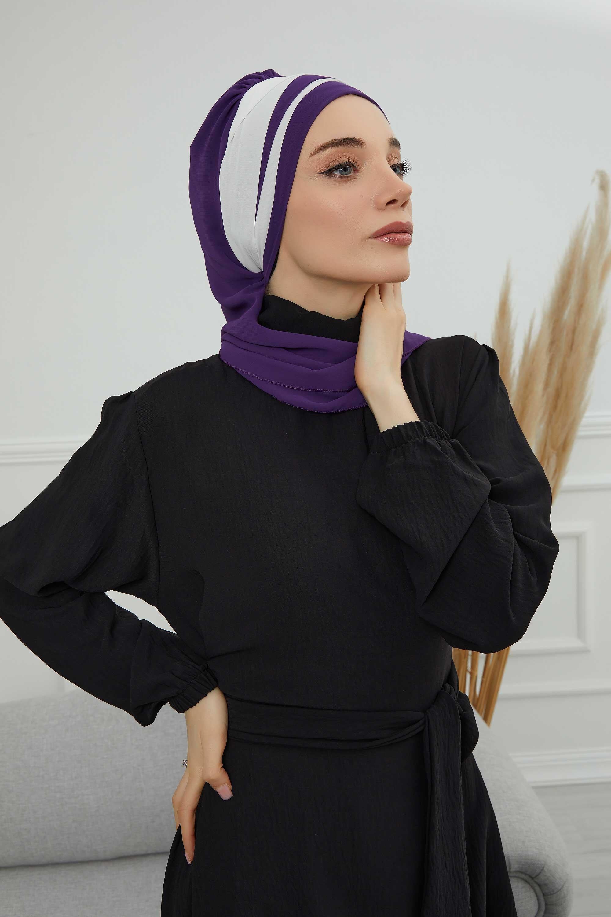 Two Colors Instant Turban Lightweight Multicolor Chiffon Scarf Head Turbans For Women Headwear Stylish Elegant Design,HT-52 Purple - Ivory