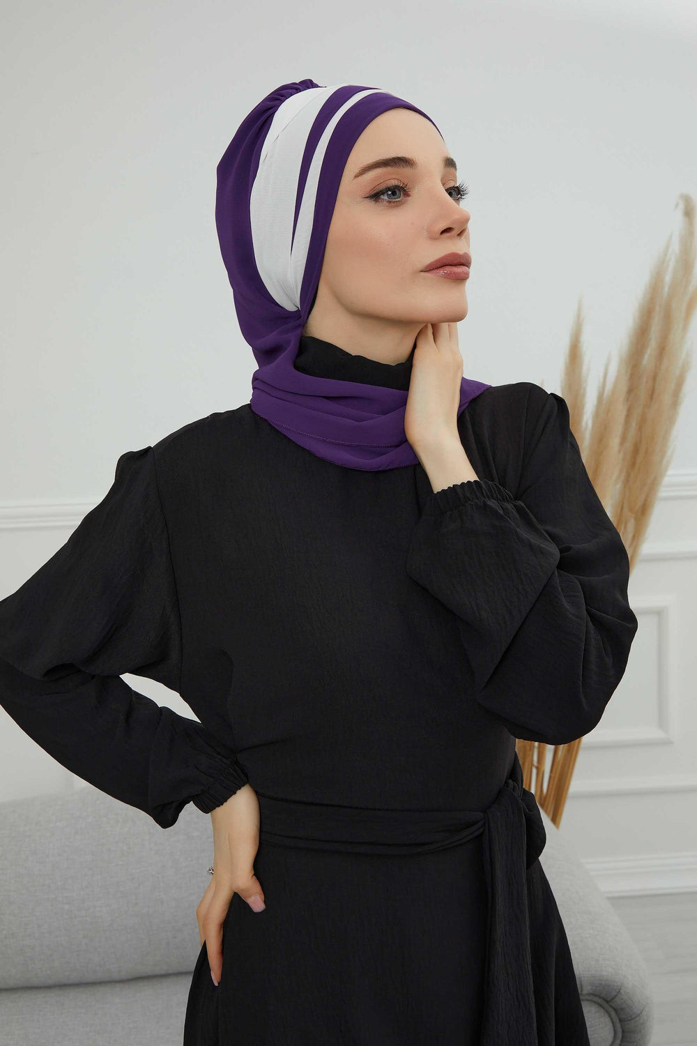 Two Colors Instant Turban Lightweight Multicolor Chiffon Scarf Head Turbans For Women Headwear Stylish Elegant Design,HT-52 Purple - Ivory