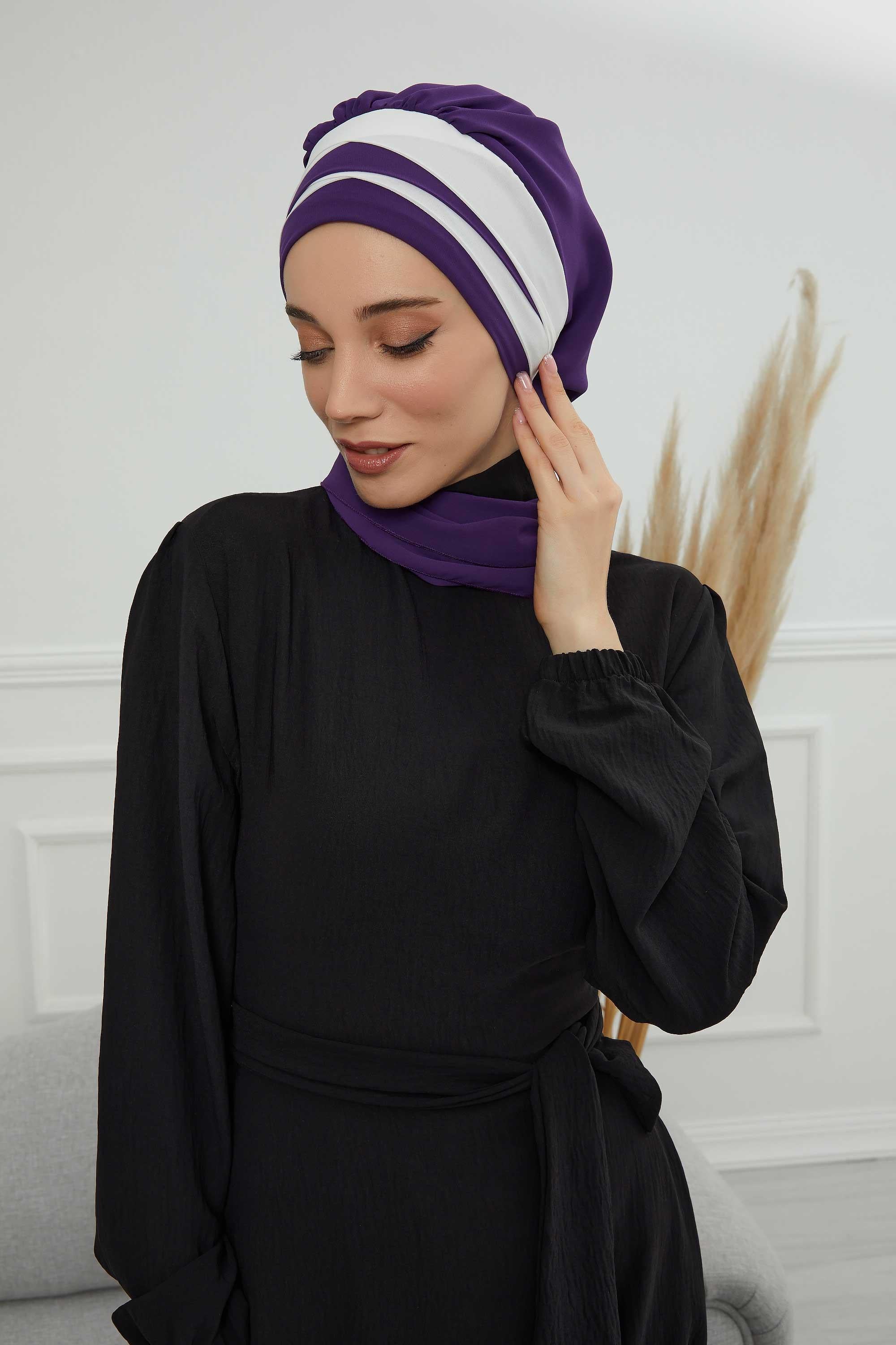 Two Colors Instant Turban Lightweight Multicolor Chiffon Scarf Head Turbans For Women Headwear Stylish Elegant Design,HT-52 Purple - Ivory