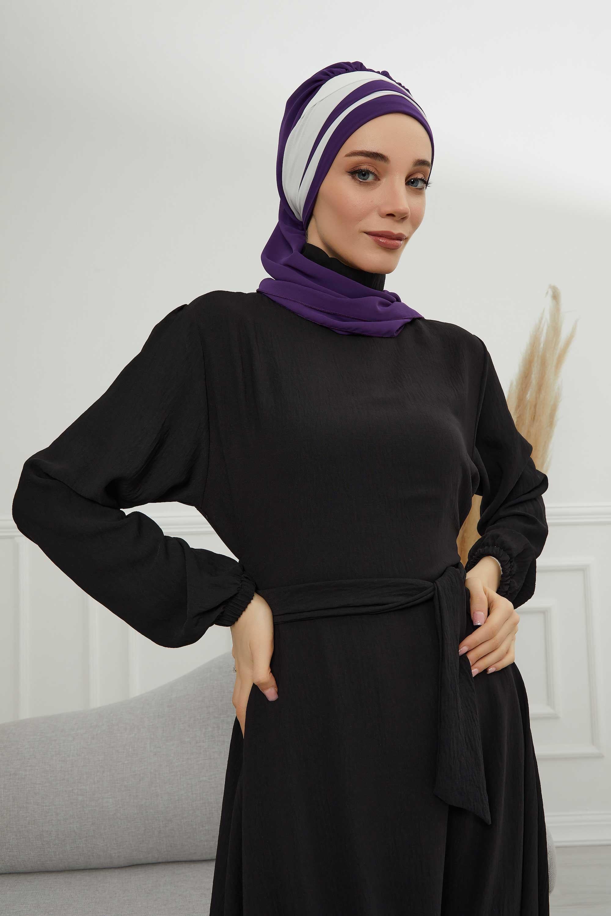 Two Colors Instant Turban Lightweight Multicolor Chiffon Scarf Head Turbans For Women Headwear Stylish Elegant Design,HT-52 Purple - Ivory