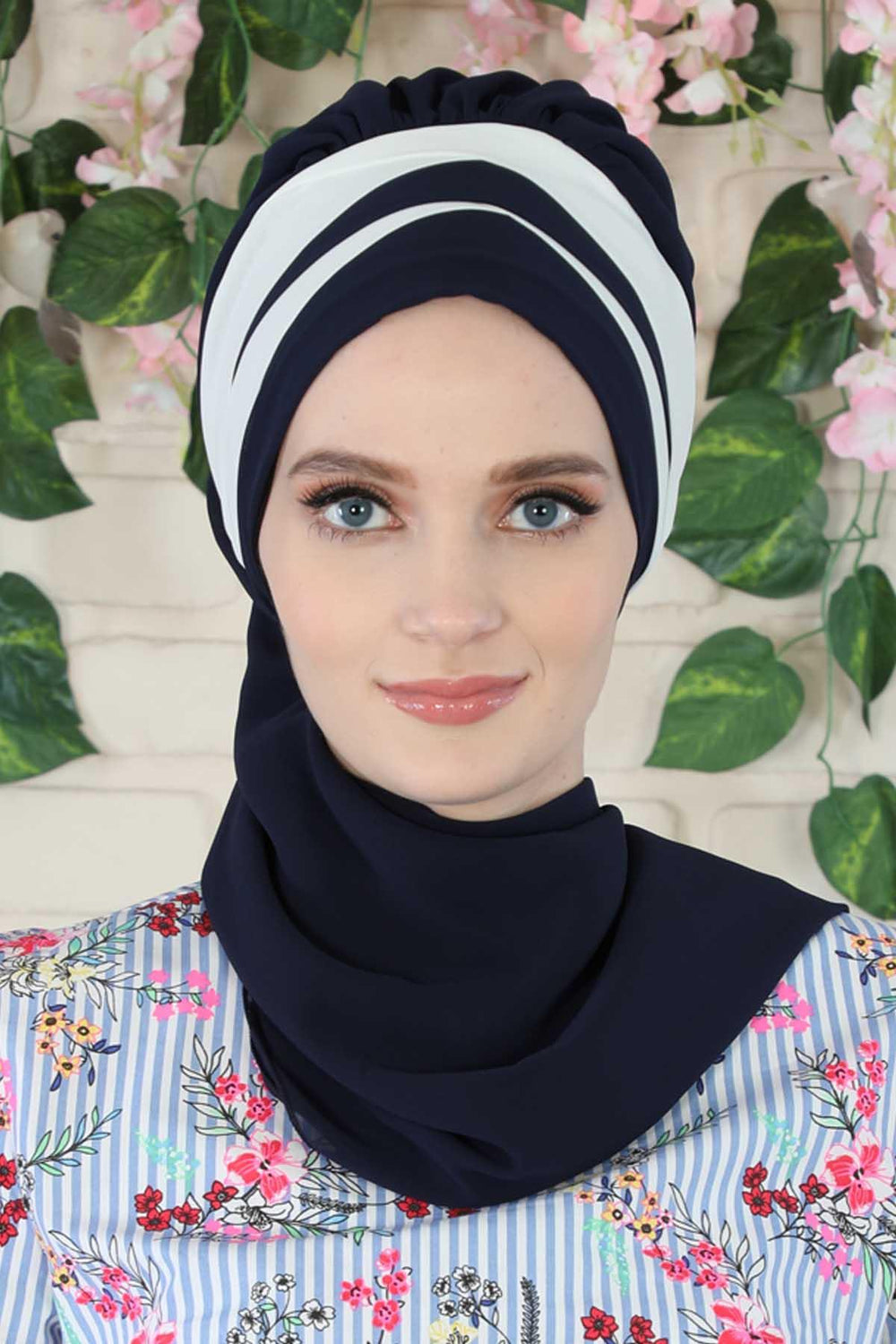 Two Colors Instant Turban Lightweight Multicolor Chiffon Scarf Head Turbans For Women Headwear Stylish Elegant Design,HT-52 Navy Blue - White