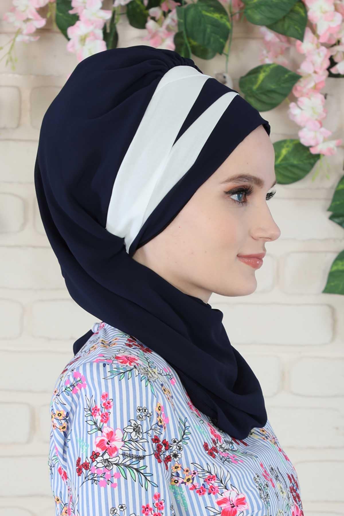 Two Colors Instant Turban Lightweight Multicolor Chiffon Scarf Head Turbans For Women Headwear Stylish Elegant Design,HT-52 Navy Blue - White