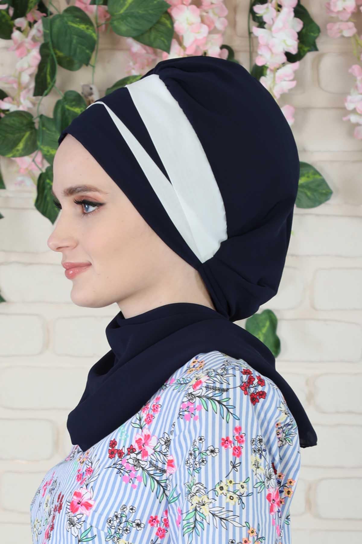 Two Colors Instant Turban Lightweight Multicolor Chiffon Scarf Head Turbans For Women Headwear Stylish Elegant Design,HT-52 Navy Blue - White